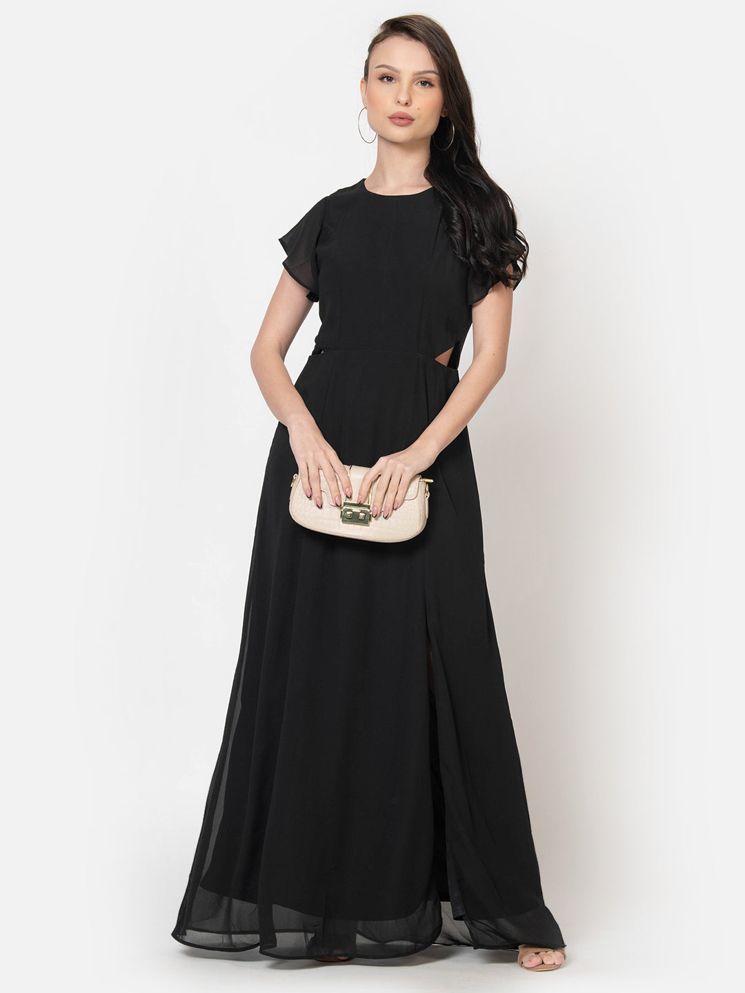 Black Georgette Maxi Dress for Women with Waist Cutout June 9 Clothing Black Georgette Maxi Dress for Women with Waist Cutout June 9 Clothing