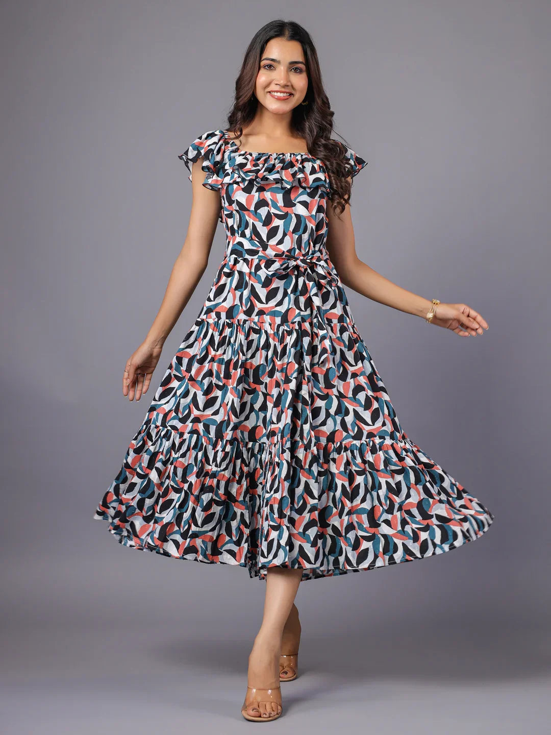 knee length dresses for ladies Multicolor Midi Dress for Women with Ruffles – June 9 Clothing