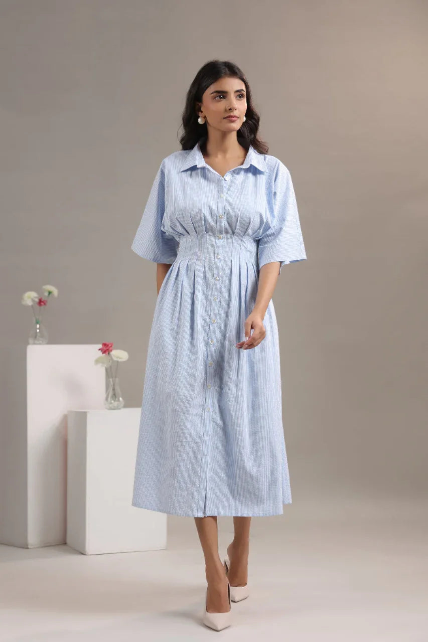 Blue and White Striped Dress for Women – Cotton Midi Dress – June 9 Clothing