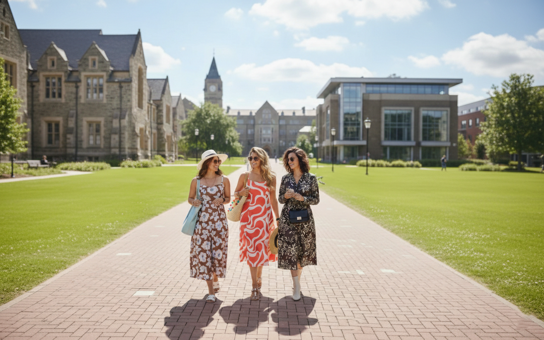 Three women in stylish summer dresses walking on a university campus pathway with historic buildings in the background