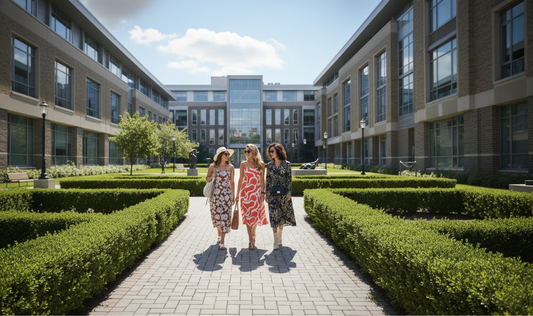 Three women in stylish floral midi dresses walking outdoors in a modern courtyard.