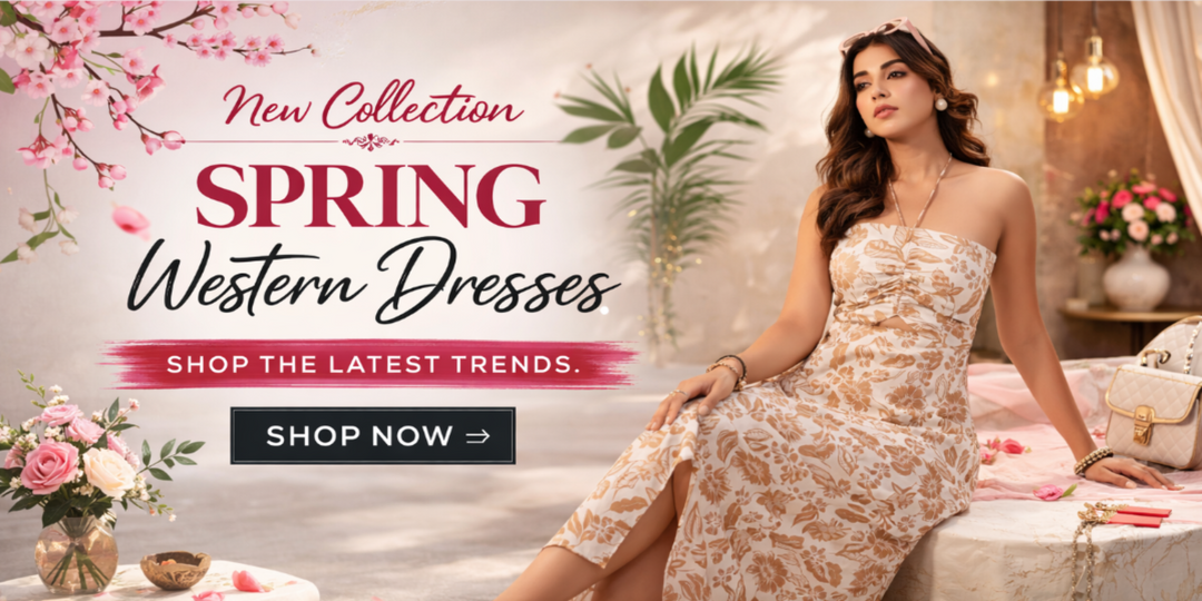 Woman in floral spring Western dress, showcasing new collection trends with cherry blossoms and elegant decor