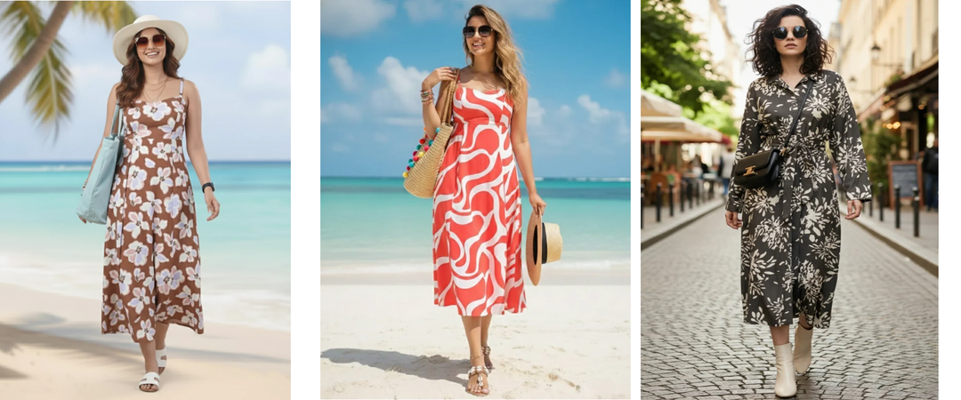 Women in floral and abstract print viscose midi dresses, styled for beach and city settings