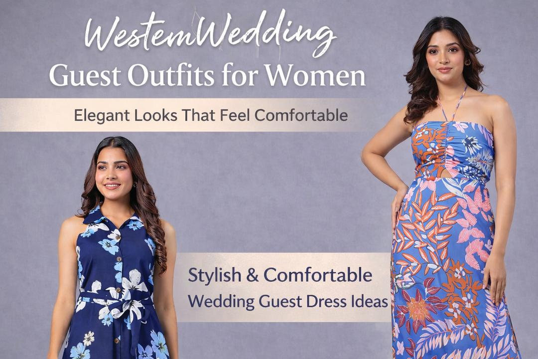 Women in stylish floral Western wedding guest dresses, blue backgrounds, comfortable fit.