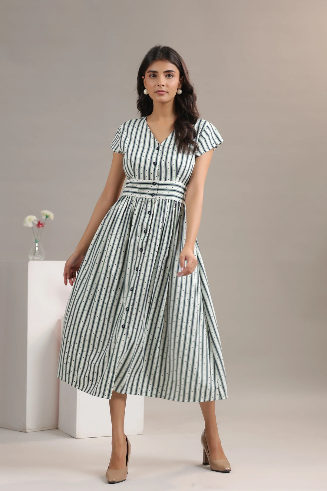Striped midi dress with button front and waist belt, chic Western wear for women