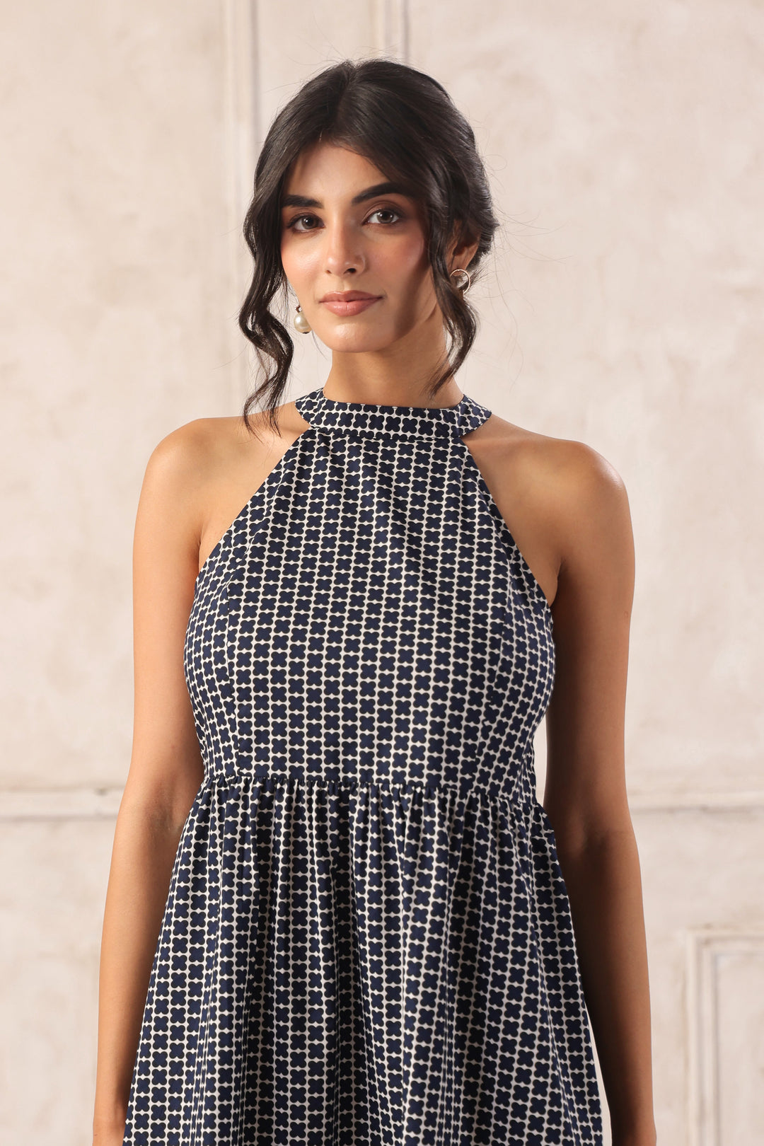 Navy blue and white patterned halter neck dress for women, chic Western wear style