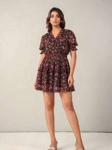 Black mini dress for women with floral print in chiffon fabric and flared fit - June 9 Clothing