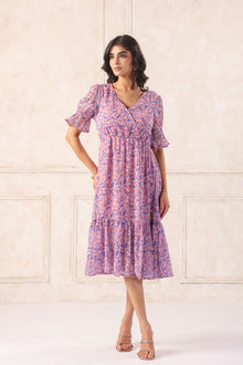 Pink floral midi dress with puff sleeves and V-neck, perfect for Western wear style