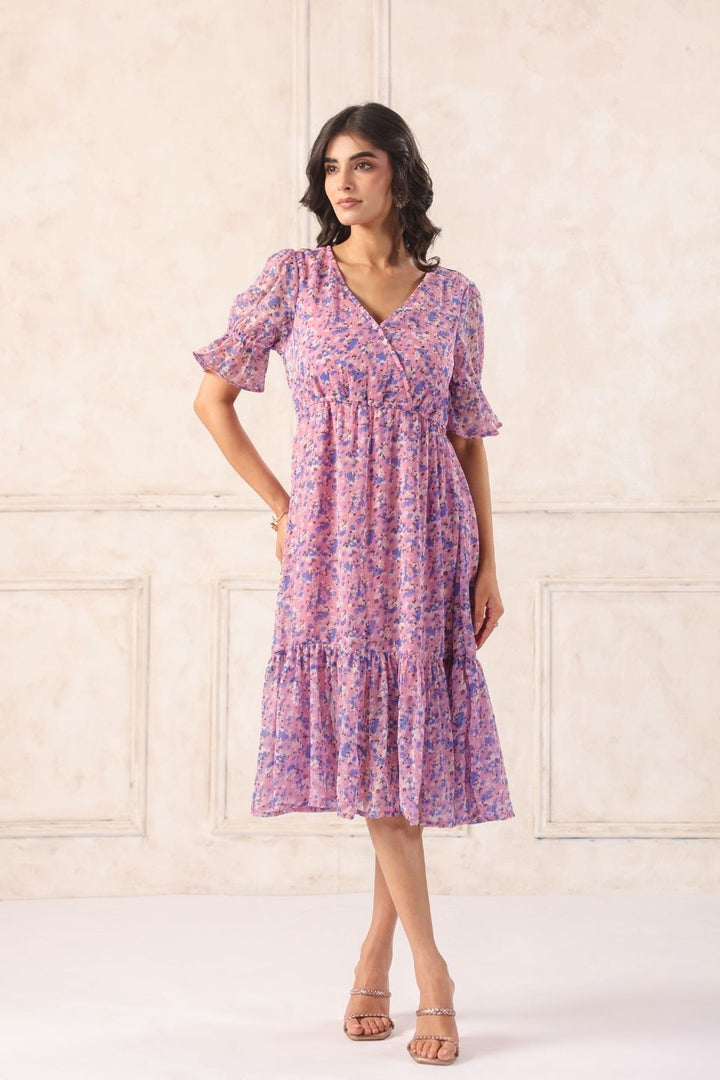 Pink floral midi dress with puff sleeves and V-neck, perfect for Western wear style