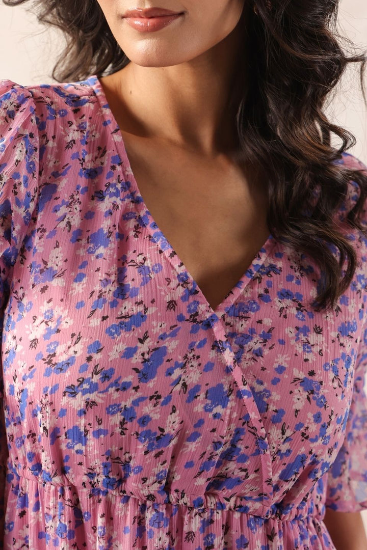 Pink floral wrap dress with blue blooms, V-neck, puff sleeves, Western wear style for women