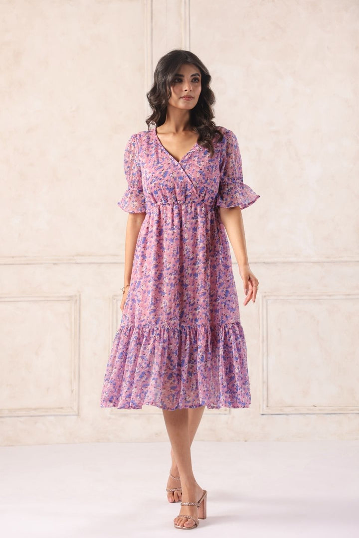 Pink floral midi dress with puff sleeves and tiered skirt, perfect for Western wear