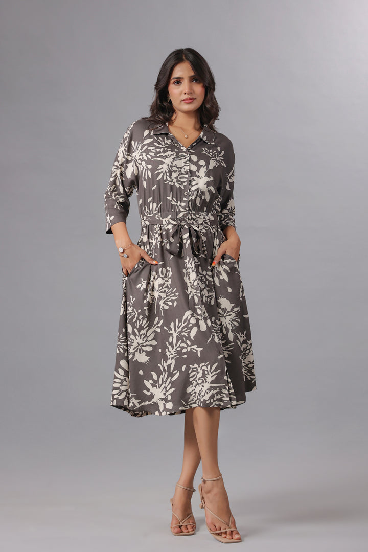 Grey Fit and Flare Midi Dress