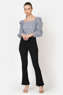 Blue Seersucker Crop Top: Square Neck, Puff Sleeves - June 9 Clothing