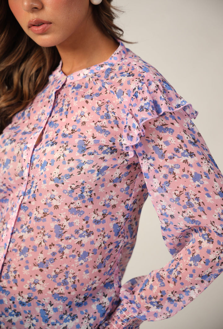 Pink floral blouse with ruffled sleeves, chic Western wear for women