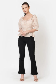 Beige White Seersucker Peplum : Ruffled Neck, 3/4 Sleeve - June 9 Clothing