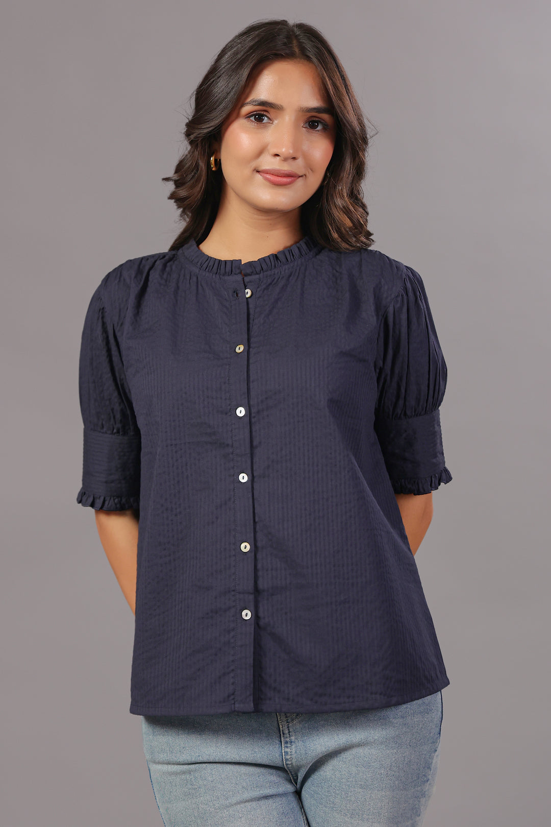 Seersucker Navy Blue Friled Shirt
