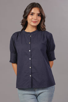 Navy Blue Cotton Seersucker Frill Mock Neck Button-Down Top