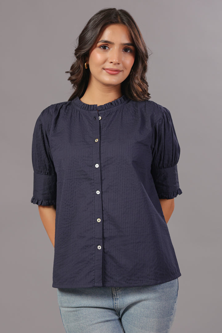 Seersucker Navy Blue Friled Shirt