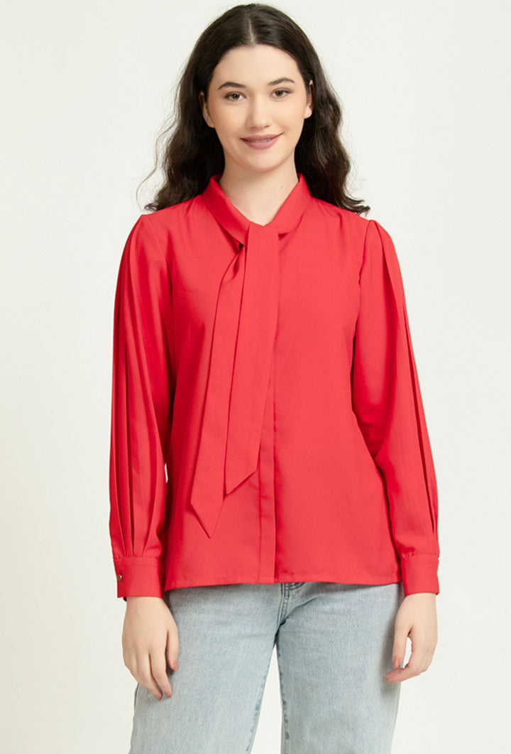 Red long sleeve blouse with tie neck for women, chic Western wear top