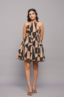 Cotton Linen Abstract Print Halter Neck Fit & Flare Dress