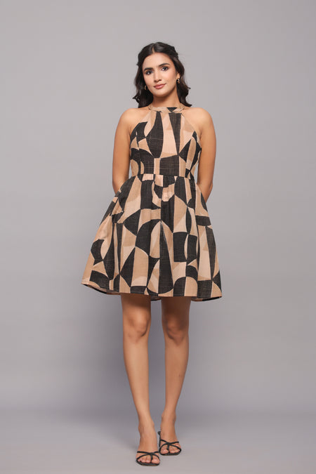 Textured Linen Geometric Print Halter Neck Summer Dress for women