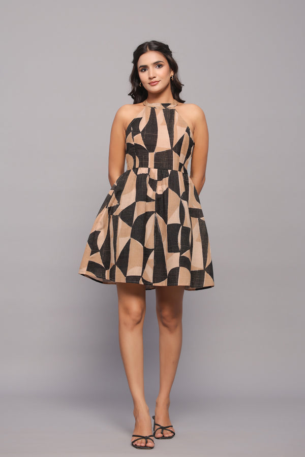 Cotton Linen Abstract Print Halter Neck Fit & Flare Dress
