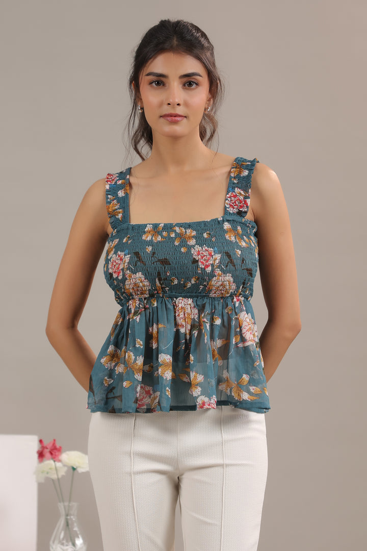 Teal Floral Print Chiffon Smocked Peplum Crop Top For Women