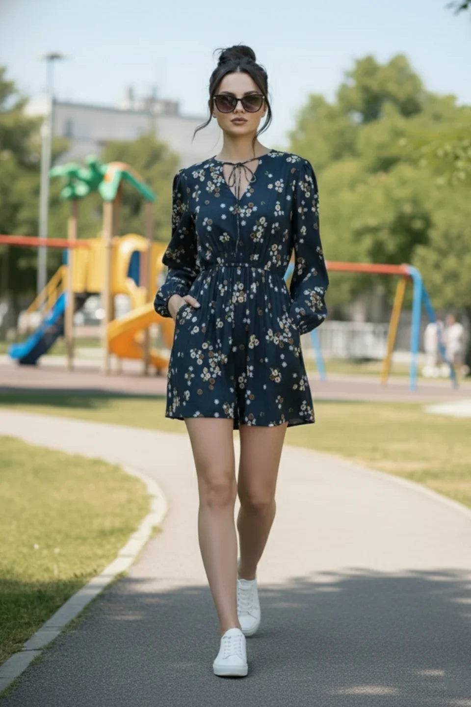 Prussian Blue crepe floral print playsuit for women, perfect for a casual summer look | June 9 Clothing