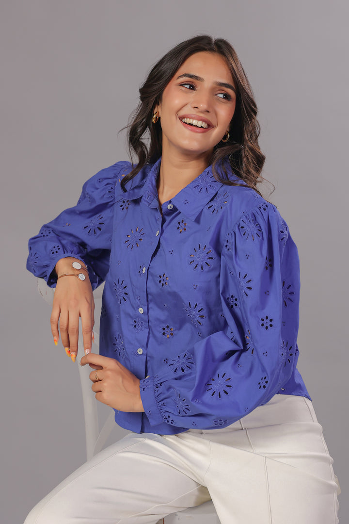 Blue Schiffli Shirt In Bishop Sleeve
