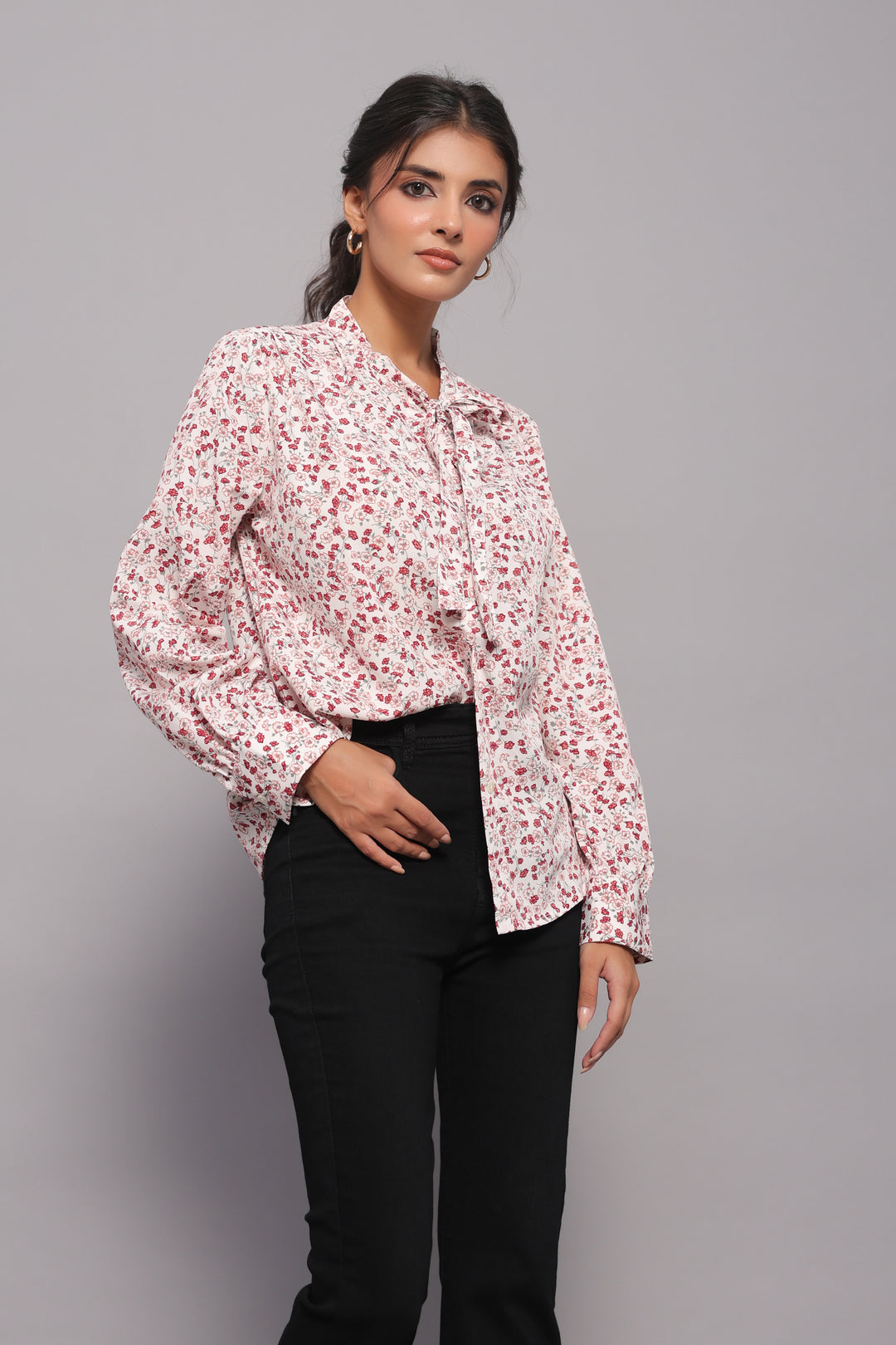 Tie-Neck Shirt In Ditsy Floral Print