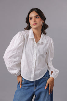 White cotton dobby Collared Long Puff Sleeve Shirt