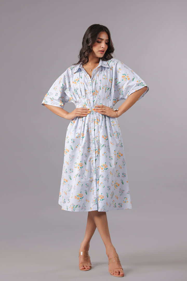 Shirt Dress In Yarn Dyed Stripe With Floral Print