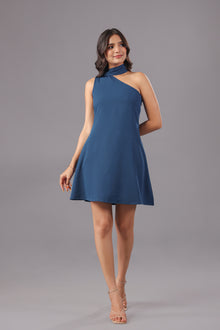 Navy Blue One Shoulder Mini Dress With Scarf