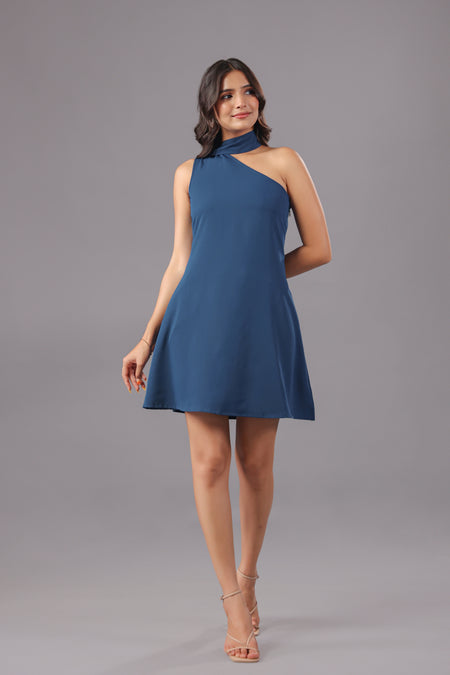Navy Blue One Shoulder Mini Dress With Scarf