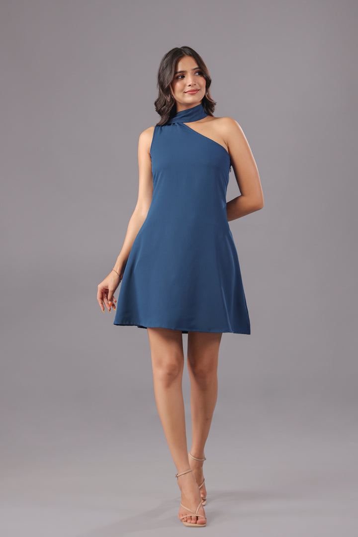 Navy Blue One Shoulder Mini Dress With Scarf