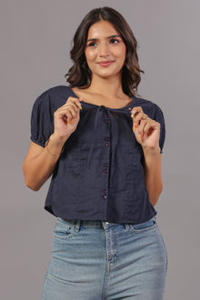 Navy Blue Textured Tie-Up Neck Short Sleeve Crop Top