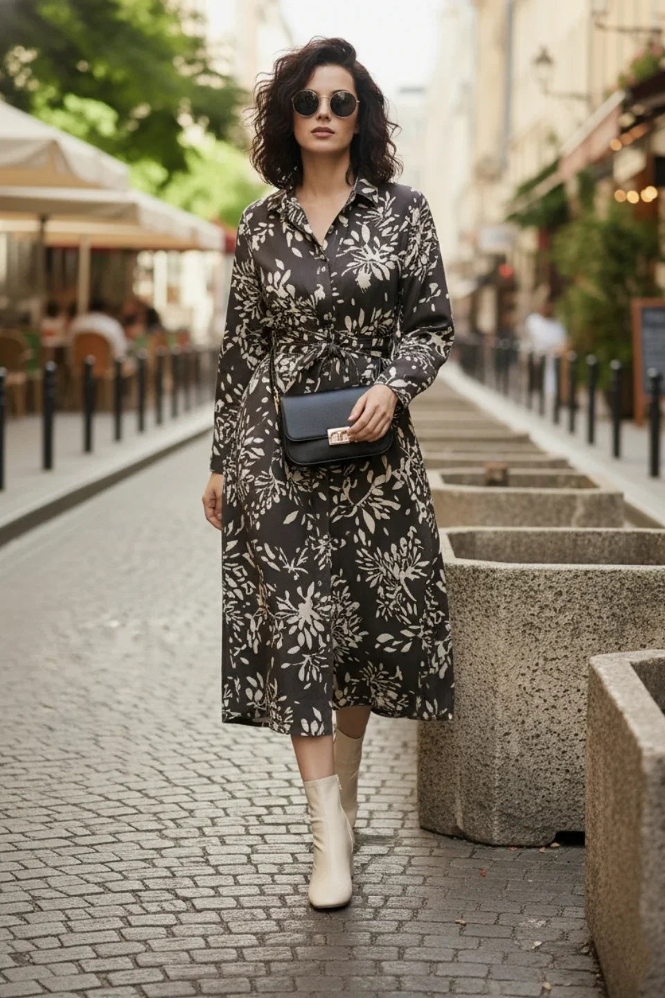 Grey floral print maxi dress for women, featuring a collared V-neck and full sleeves in heavy Viscose.