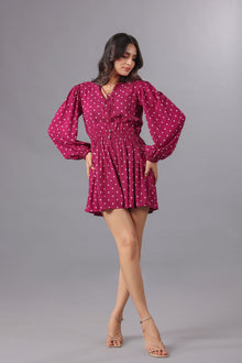 Magenta Polka Dot Printed Tie-Up Playsuit