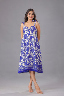 Blue Floral Printed Tie-Strap Midi Dress
