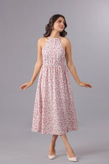 White & Red Ditsy Floral Print Halter Neck Midi Dress