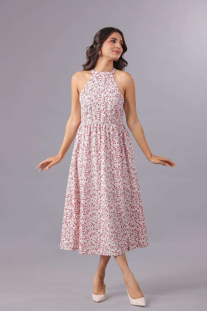 Red Floral Midi Dress With Slit in Ditsy Floral