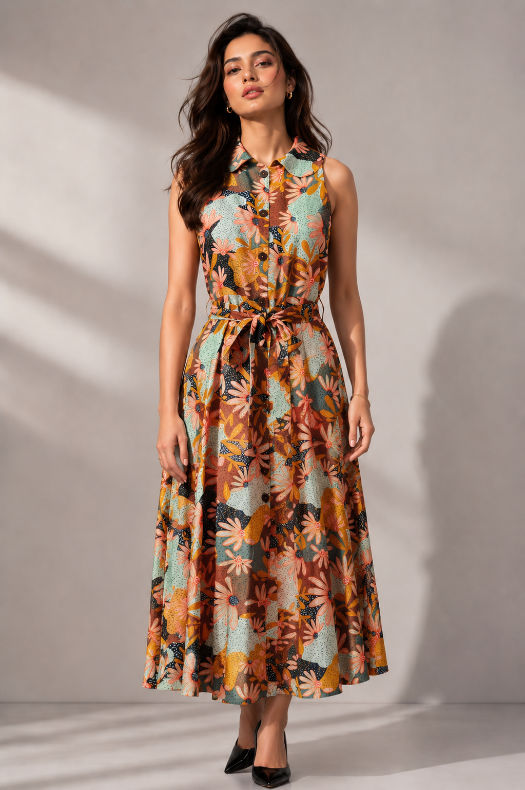long dress designs casual Triangle Printed Dress Round Neck Long Sleeves Casual Maxi Dresses