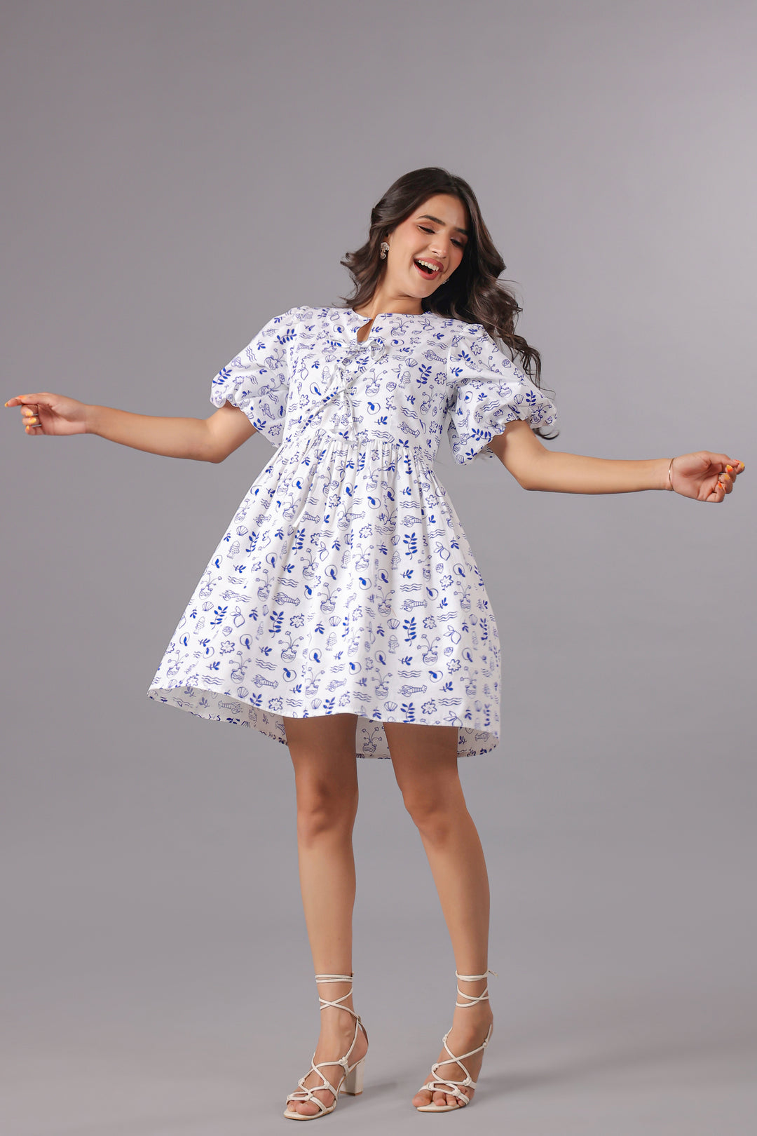Balloon Sleeve Mini Dress In Ocean Print