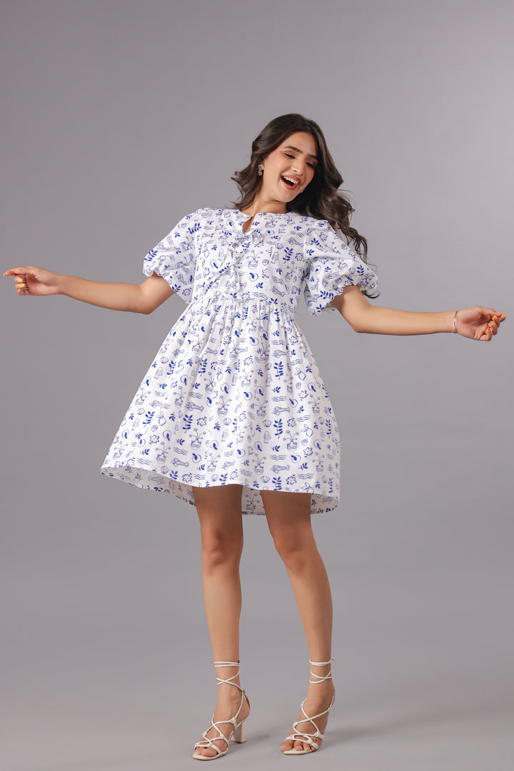 Balloon Sleeve Mini Dress In Ocean Print