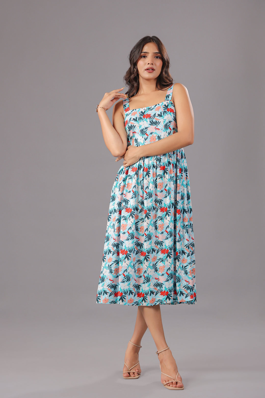 Fit & Flare Midi Dress  In Floral Print
