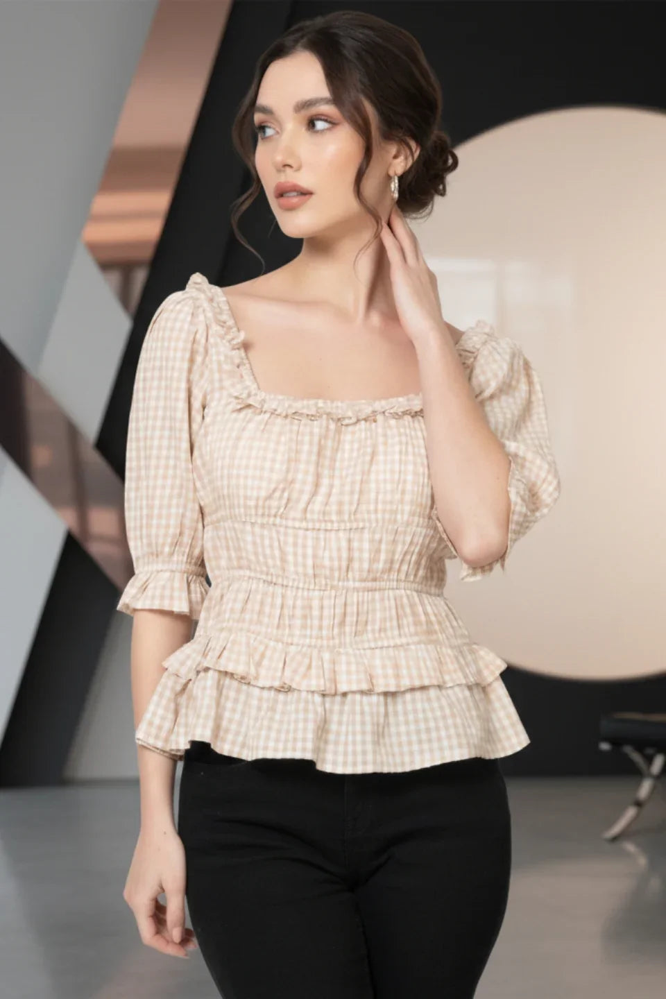 Close-up detail of the ruffled collar and textured Seersucker fabric (June 9 Clothing).