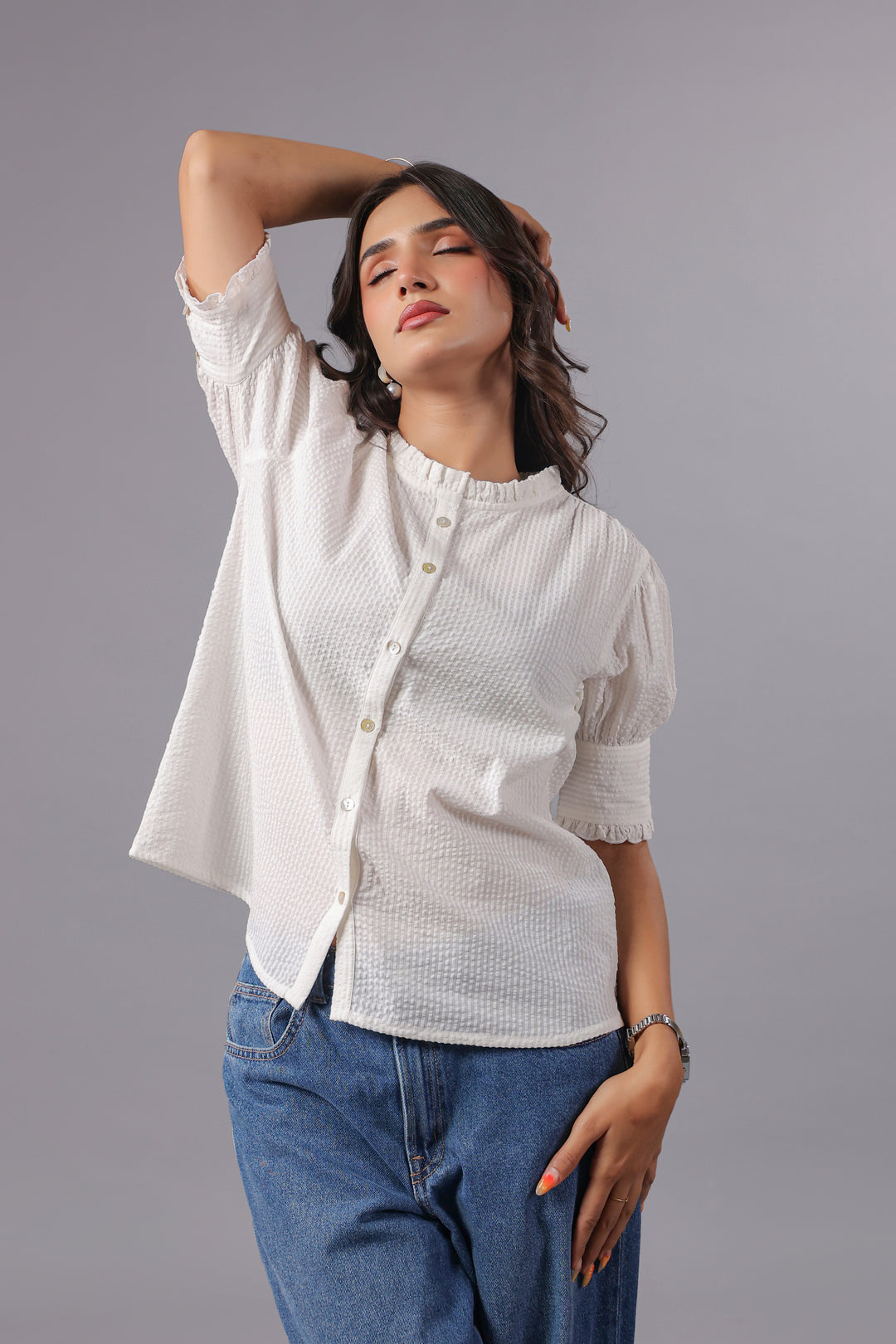 Seersucker White Friled Shirt