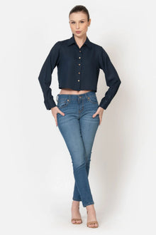 Navy Blue Poly Moss Full Sleeves Crop Shirt - June 9 Clothing