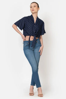 Classis Navy and White Rayon Polka Dot Front Tie Up Crop Shirt - June 9 Clothing