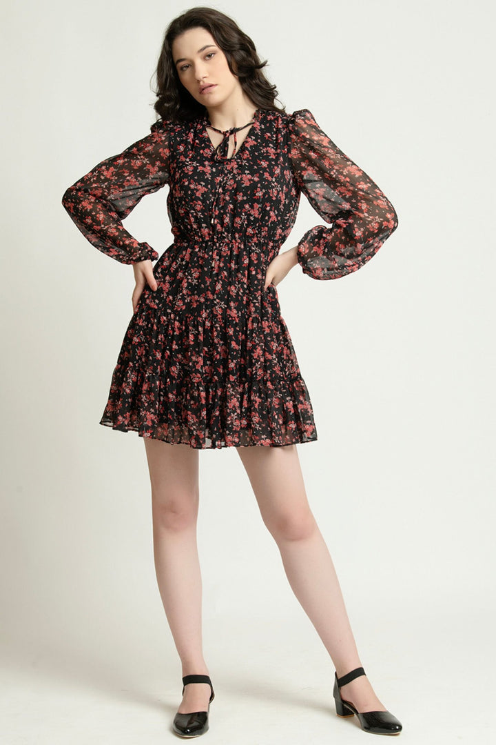 Black and Red Floral Mini Dress with Sheer Full Sleeves